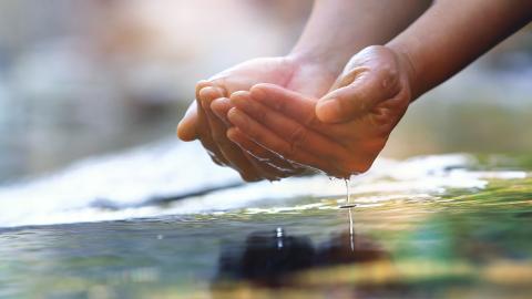 a person holding water from a stream