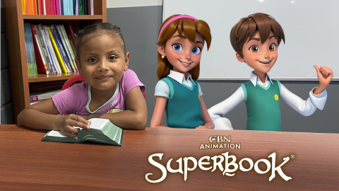 Ariana, a young girl in Costa Rica, sits at a desk with her Bible open. Joy and Chris from Superbook sit next to her on the right. The CBN Animation and Superbook logos are stacked in the lower right corner.